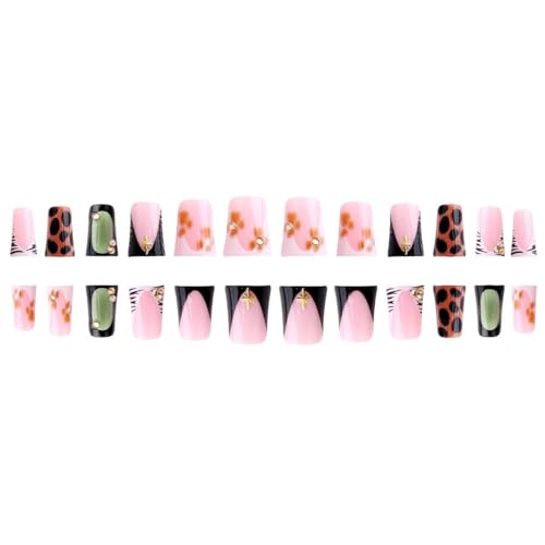 Image of Duck Press on Nails French Tip Fake Nails Leopard Print Glue on Nails with Rhinestone Design Glossy Full Cover Reusable Artificial Acrylic Star Stick on Nail for Women Manicure 24Pcs