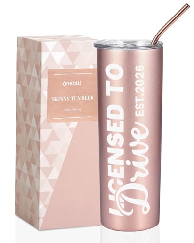 Onebttl New Driver Gifts for Girls 20oz Stainless Steel Insulated Skinny Tumbler with Straw & Lid - Licensed to Drive EST. 2026 (Rosegold)