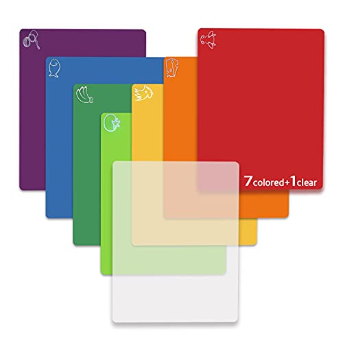 Cutting Board Mats Flexible Plastic Colored Mats With Food Icons, Fotouzy BPA-Free, Non-Porous, Anti-skid back and Dishwasher Safe, Set of 7+1