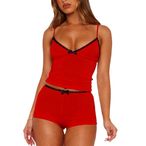 Image of Yuemengxuan Women Two Piece Outfits Y2k Boy Shorts Set Sleeveless Crop Top Button Down Shorts Set Loungewear Pajamas Set