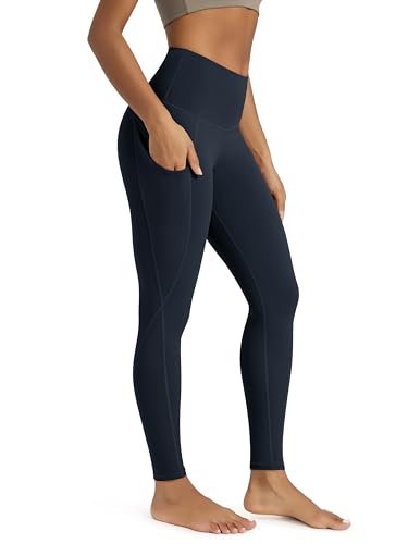 ODODOS Women's High Waisted Full Length Yoga Leggings with Pockets, 28' Inseam Tummy Control Non See Through Workout Athletic Running Yoga Pants, Deep Navy, Medium