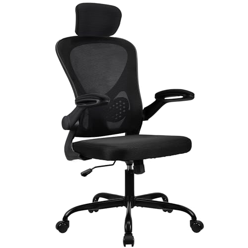 T-THREE.Adjustable headrest office chair, high-back ergonomic computer swivel seat with lumbar support, height adjustment, 360° rotation, tilt function, and 90° flip-up armrests for home office