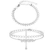 Silver Anklets for Women, 3PCS Adjustable Leaf Design Ankle Bracelets, Delicate Silver Ankle Chains for Everyday Wear or Special Occasions