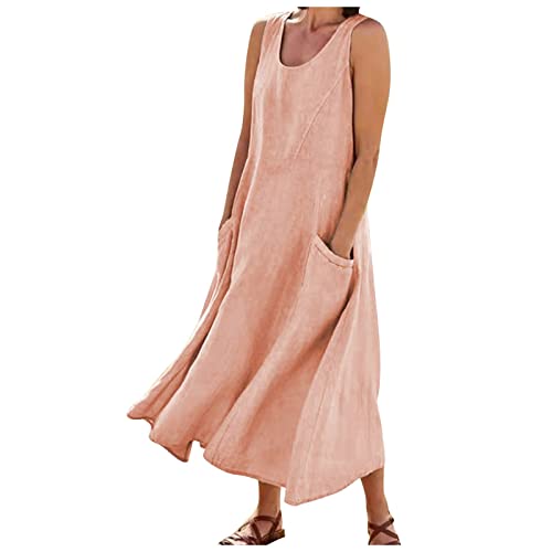Plus Size Cotton Linen Summer Dresses for Curvy Women 2025 Sleeveless Maxi Vacation Beach Sundresses with Pockets