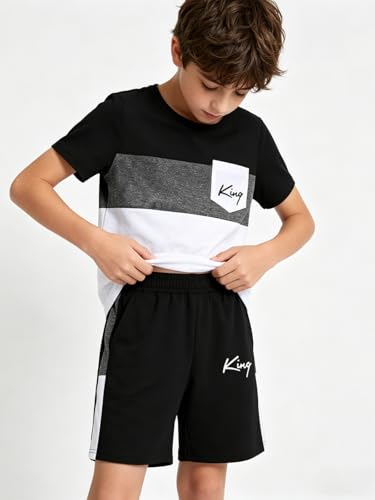 Image of Size 6-12 Years Boys Summer Outfits Set Kids Short Sleeve Top T-Shirt & Shorts Color Block Clothing Sets