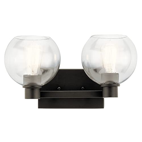 Image of Kichler Harmony 2-Light Bathroom Vanity Light Fixture, 15.5 inch Steel Bath Light with Curved Arms and Sculpted Sockets in Olde Bronze for Damp Locations Over Mirror, 45887NI
