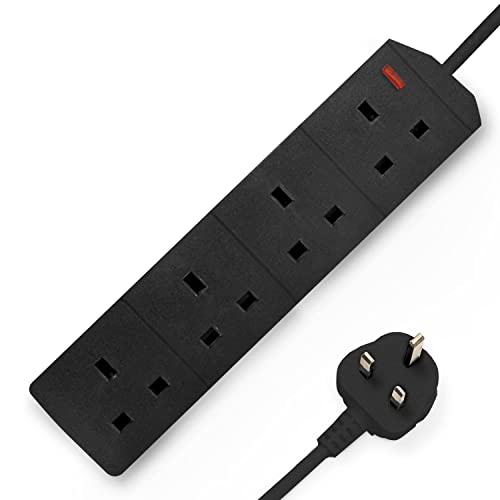 DESIRETECH Black Electric Extension Lead - 4 Gang, 2 Metre Cable with UK Plug & 3 Pin Socket - Wall Mountable & Multi Socket Mains Strip for Home, Bedroom, Kitchen, & Office (1 Pack)