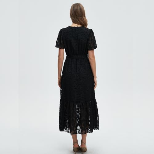 Image of Women's Summer Bohemian Floral Chiffon Dress Cap Sleeve V Neck Ruffle Long Flowy Boho Casual Vacation Dresses