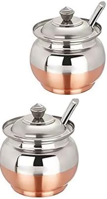 Copper Coated base Steel Ghee Pot With Spoon |Copper Base Steel Ghee Jar for Kitchen | Steel Oil Container With Lid,Spoon For Pooja Items (150 ML Pack of 2)