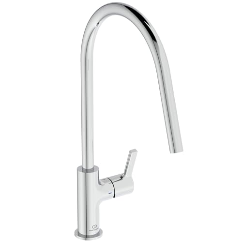 Ideal Standard – Gusto Miscelatore cucina, Bocca alta tonda, con cartuccia FirmaFlow, Bassa pressione, bocca girevole a 360°, facile da installare con fissaggio EasyFix+, Cromato