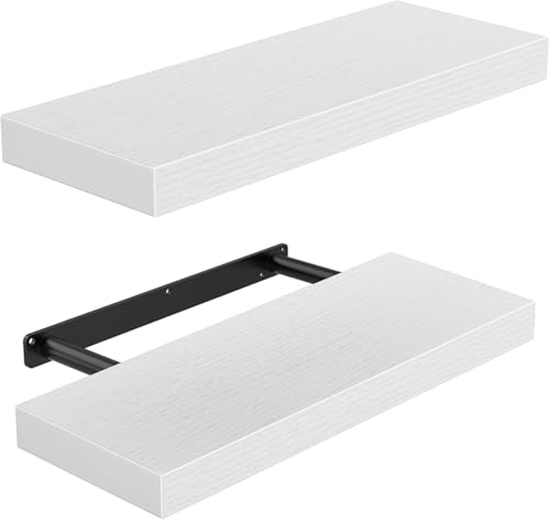 amada homefurnishing floating shelves wall mounted, 15 x 7 inch wall shelves for bathroom, bedroom, living room, white shelves set of 2 | wall shelves with hidden bracket, solid mdf wood, 22 lbs max load per shelf, easy to assemble, multi-wall compatible
