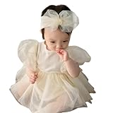 [germeyshop] ベビー ワンピース ロンパース 半袖 60 70 80 90 セレモニードレス チュール ヘアバンド付き ベビードレス 女の子 結婚式 フォーマル ハーフバースデー 誕生日 (クリーム, 70cm)
