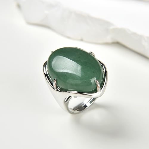 xinpeng Natural Stone Rose Quartz Agate Amethyst Turquoise Adjustable Finger Rings Semi Precious Oval Shaped Gemstone Anniversary (Green Aventurine)