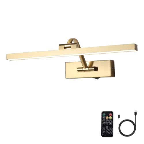 Wireless Picture Lights with Remote and Timer Brass Gallery Lighting Rechargeable Wireless Art Lights 3CCT Dimmable Painting Lights Battery operated wall lights for Portrait artwork display 3W 16"
