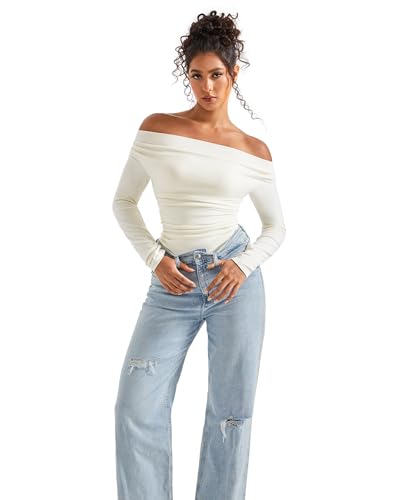 SUUKSESS Women Long Sleeve Off Shoulder Tops Trendy Cowl Neck Going Out Shirt for Fall2