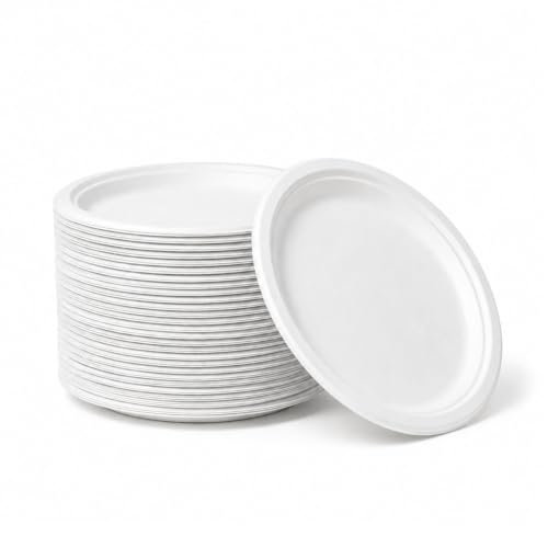 Image of Bonkaso 9 Inch, Pack of 50 Bagasse Disposable Round Plates (White)| Eco-Friendly Sugarcane Paper Plates | Biodegradable, Compostable & Sturdy | Ideal for Snacks, Desserts, Parties, Weddings & Events