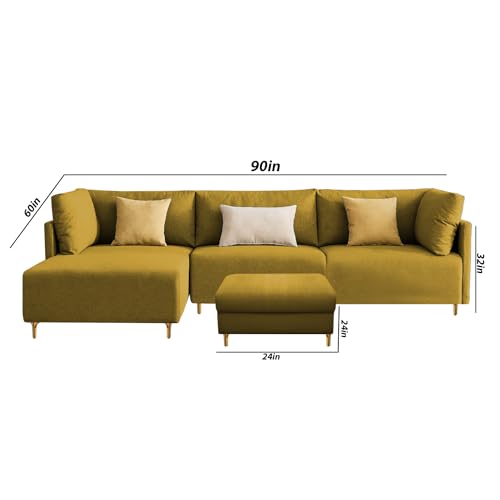 Image of Carina LHS 4 Seater L Shape Sofa Set with Center Table for Living Room (Yellow Fabric) Premium Fabric Sofa