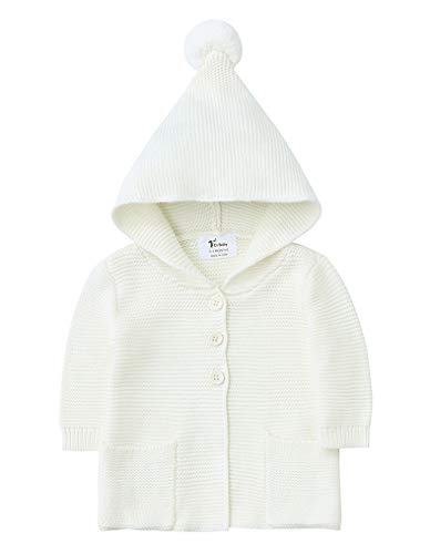 Baby Boy Girl 100% Organic Cotton Knitted Cardigan Sweater with Hood (3-6 Months, Ivory)