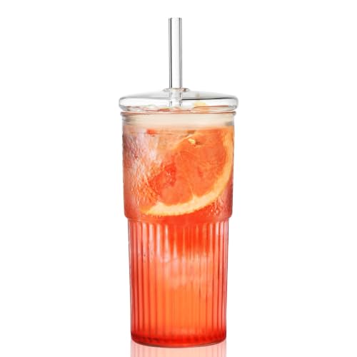 Image of Glass Tumblers with Glass Lids and Straws - 600ml, Set of 1, Stylish Vintage Ribbed Design for Iced Coffee, Juice, Smoothies, Milkshakes, Cold Beverages & Whiskey Cocktail Beer
