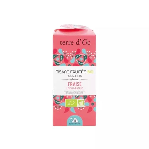 Terre d'Oc - Tisane Fruitée Bio - Saveur Fraise, Litchi & Basilic - Sans théine - 15 Infusettes - Idée Cadeau Homme et Femme - 30g