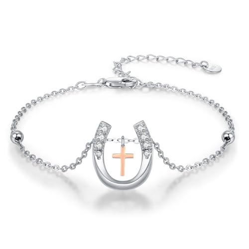 MEDWISE Lucky Horseshoe Bracelet 925 Sterling Silver Rose Gold Faith Horseshoe Pendant 7+2 Inches Adjustable Wrist Link Bracelet Jewelry Birthday Gifts for Women Wife Girrlfriend Ladies Mom Mother