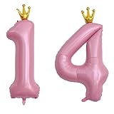 YFHVJTKO 40 Inch Number 14 Pink Crown Balloon Set,14th Celebration Decorations for Happy 14th Birthday Party Wedding Bridal Shower Engagement Photo Shoot Anniversary Decoration, Baby Pink 14 Balloon