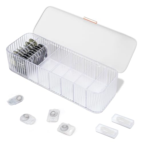 Fatiya Daily Contact Lens Organizer with 2 Remover & 2 Tweezers, Disposable Contact Lens Storage with Lid & 8 Grids, Clear Contact Lens Dispenser Case Box for Desk Home Office Art Supply (White)