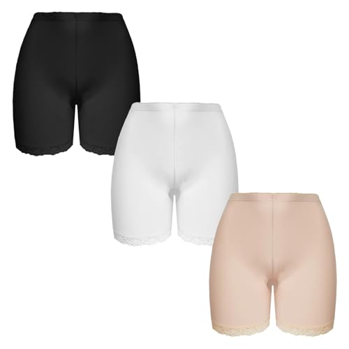 BestSale247 3er Pack Damen Unterrock Kurze Unterhose Unterkleid mit Spitze Slipshorts Underskirt Boxershorts (3er Pack/Weiß, L)