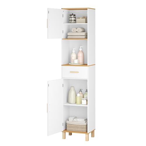 EUGAD Badezimmerschrank,Hochschrank, Badschrank mit 5 Fächern 1 Schublade, weiße Kommode im Badezimmer, Schrank mit verstellbaren Trennwänden, weiß 40x180x30 cm