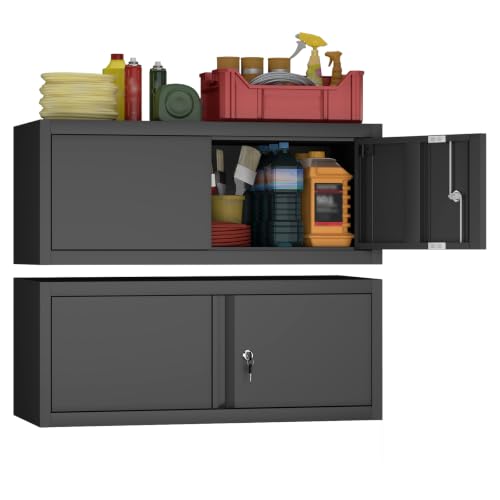 Metal Garage Wall Cabinets,13″ H Garage Storage Cabinet Wall Mounted,Floating Storage Organization with Doors,Locking Hanging Cabinet for RV,Home Office,Warehouse,Black