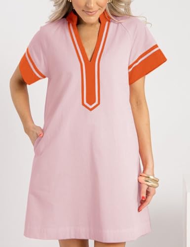 Image of QIBABU Linen Dress for Women V Neck Color Block Summer Short Sleeve A-Line Mini Dress with Pockets(2160-Pink-M-QB)