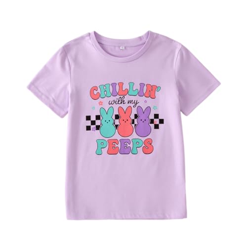 Image of CM C&M WODRO Kid Girl Funny Easter Bunny T Shirt Chillin' with My Peeps Letter Printed Shirt Short Sleeve Tee Tops