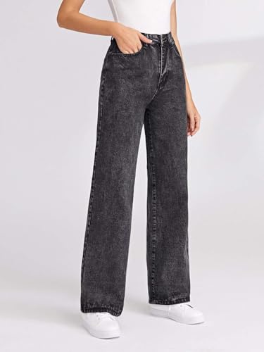 Image of KOTTY Women's High Waist Wide Leg Button Coin Pocket Straight Fit Jeans Stylish Regular to Plus Size Fit Denim Jeans for Women