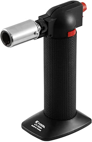 K Tool International 70054 Mini Butane Torch with Solder Head for Garages, Repair Shops, and DIY, Anti-flare, Piezo Electric Ignition, Safety Lock, Temperature/Flame Control, Removeable Stand