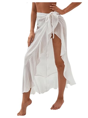 OYOANGLE Women's Mesh Sheer Swimsuit Cover Up Ruffle Tie Side Beach Sarong Wrap Long Skirt4