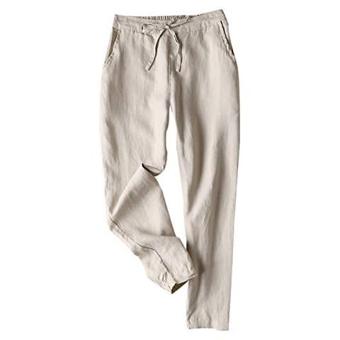 Tanming Linen Pants for Women Summer Casual High Waisted Drawstring White Beach Pant (Khaki, S) Cover