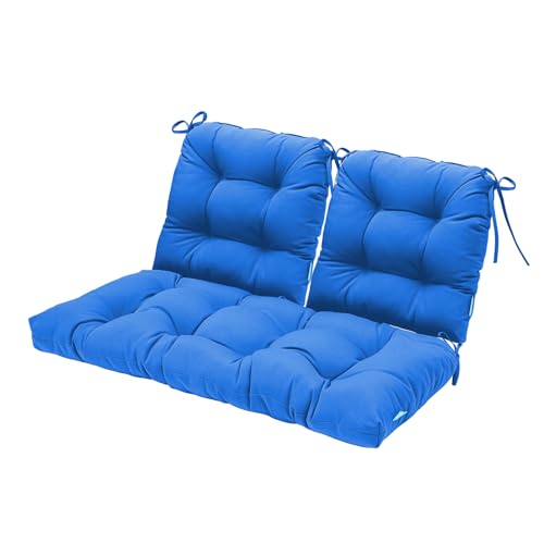 Image of QILLOWAY Outdoor Patio Cushions Set of 3, Wicker Furniture Cushions with Ties, Waterproof Loveseat & Seat Cushions for Patio Bench, Porch Chair, Outdoor Replacement Cushions, Blue