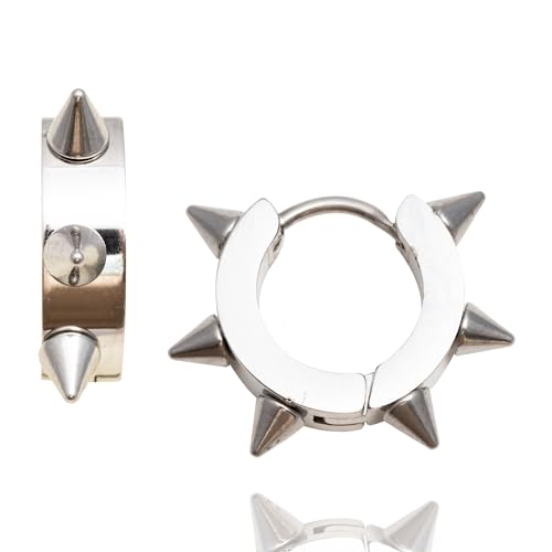 LotusUS Black Spiked Huggie Earrings (Pair), Silver Spike Hoops, Unisex Stainless Steel Hoop Earrings, Gothic Black Jewelry, Women Men Hoop Earrings, Punk Huggies