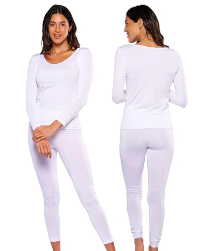 La Mejor Recopilación de Pantalones de Moda para Dama los mejores 5. 49 Alfani - Conjunto Térmico Premium Mujer Dama, Playera Manga Larga Y Pantalón Afelpado Polar, Ropa Interior Invierno Calientito, Secado Rápido Y Protección UV-Blanco-G