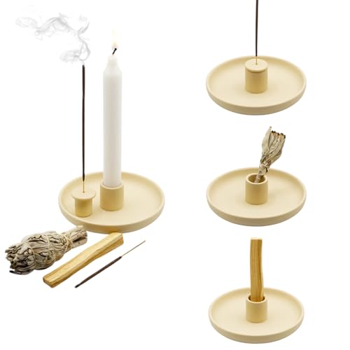 AKO FRAGRANCES 4 in 1 Incense Burner Holder - Multi-Purpose Ceramic Incense Stick Holder, Palo Santo Holder for Clean Burning, Sage Meditation Burner Set, Candle Holder for Aromatherapy (Matte Beige)