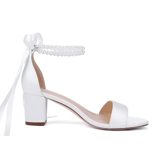 Isobud Women's Open Toe Pearl Wedding Shoes for Bride White Heels with Bow Bridal Shoes Chunky Block Satin Heels Sandals4