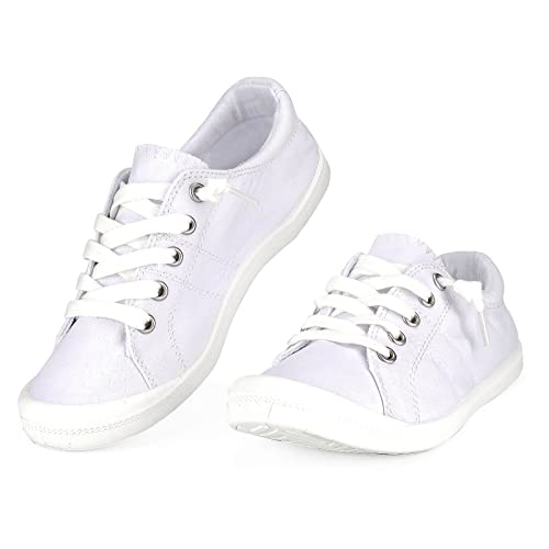 Hxlber White Canvas Sneakers for Women Low Top Round Toe Flat Loafers Memory Foam Comfortable Slip on Fashion Sneakers for Walking Size 8.5 by Hxlber - Used condition - Image 4
