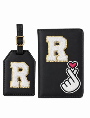 Image of Personalized Passport Cover & Luggage Tag Set | Initial Letter Travel Wallet with Matching Name Tag | Stylish Travel Accessories Gift Set (Black)