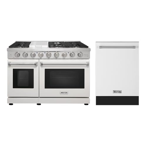 KOSTCH 48 in Liquid Propane Gas Range with 6 Burners & 1 Griddle Cooktop, Double Convection Gas Oven & 24 inch Built-In Dishwasher, 8 Wash Programs DishWasher, 45-dBA, in Stainless Steel (White)