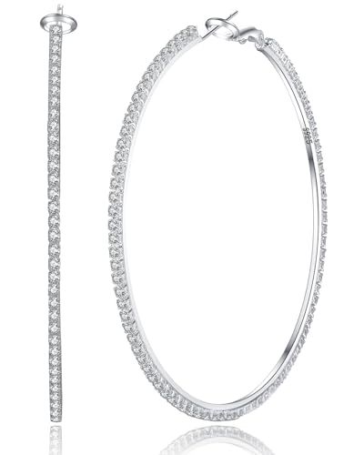 PABBEU 2mm 925 Sterling Silver Earrings Big Sterling Silver Hoop Earrings for Women Large Rhinestone Hoop Earrings Thin Hypoallergenic Cubic Zirconia Earrings for Women 30/40/50/60/70mm