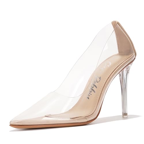 Women's Pointed Toe Clear Heels - Transparent Upper, 3.75 inch Lucite Heel & Genuine Leather Insole, Classy Pointy Pumps (Glass Doll.A) - Beige Size 7.5