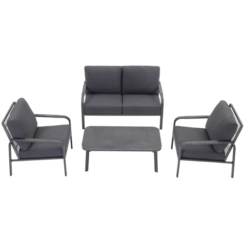 YURDAFY 4-Piece Aluminum Patio Furniture Set, Outdoor Conversation Set with Loveseat, Chairs & Coffee Table, Deep Seating Cushions, All-Weather Metal Patio Furniture for Backyard, Balcony, Gray