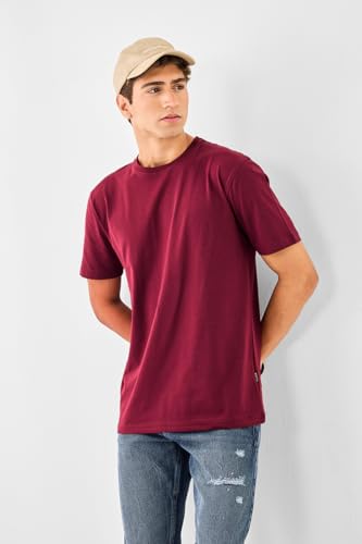 Image of SNITCH Men Slim Fit Cotton Lycra T-Shirt | Minimalist Pullover Short Sleeve Crew Neck Styling | Breathable Stretchable Soft Texture Casual Everyday Wear Plain Tee