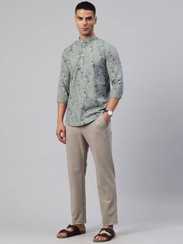 Image of Majestic Man Men's Pure Cotton Printed Mandarin Collar Regular Fit Roll-Up Sleeves Short Kurta