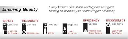 Image of Vidiem VEER 3 Burner Gas Stove with 7mm Toughened Glass Top | Jumbo, Medium & Small Brass Burners | Spill Proof Drip Trays | Heavy Duty Pan Supports | 5 Year Warranty | Manual Ignition